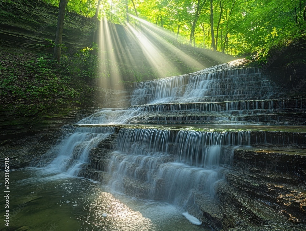 Sunlight Streaming Through Trees Over Majestic Waterfall in Lush Green Forest, Capturing the Serenity and Beauty of Nature's Wonders Sunlight Streaming Through Trees Over Majestic Waterfall in Lush Green Forest, Capturing the Serenity and Beauty of Nature's Wonders