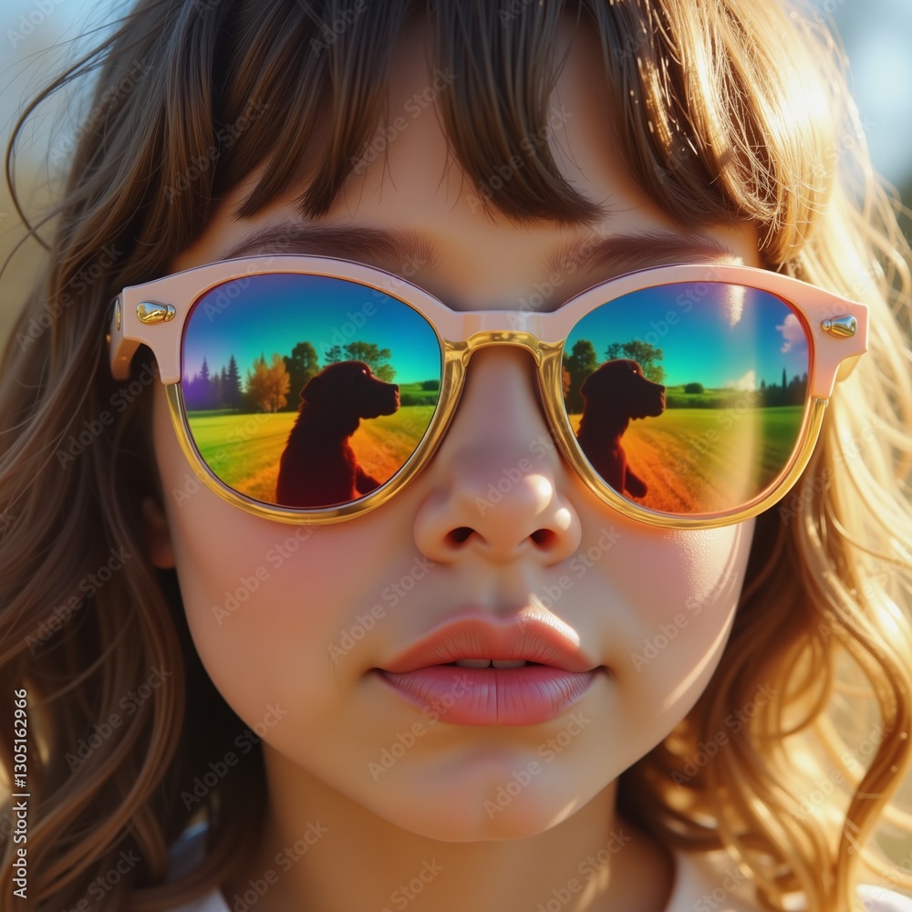 Girl with playful mood wearing sunglasses with landscape reflection against a bright outdoor background Girl with playful mood wearing sunglasses with landscape reflection against a bright outdoor background