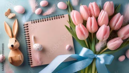 a pastel easter scene featuring a bouquet of pink tulips adorned with a delicate blue ribbon a notebook wooden rabbit figurines and soft feathers perfect for celebrating the easter holiday photo