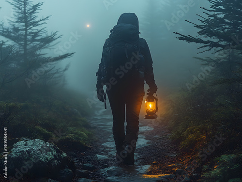 Obraz na płótnie A mystical forest trail shrouded in thick morning fog, with faint silhouettes of pine trees and moss-covered rocks creating an ethereal mood. A lone hiker carries a lantern, the soft glow adding warmt w salonie