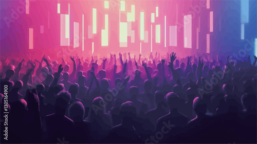 The image shows a large crowd of people silhouetted against a brightly lit stage. The stage features a background of vertical rectangular lights in shades of pink, purple, and blue.  The crowd is