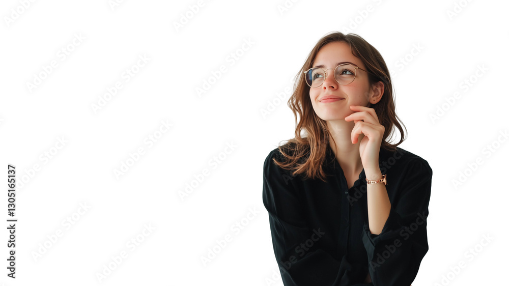 Woman thinking while looking up,doubtful and hesitant,isolated on white background,web banner. Woman thinking while looking up,doubtful and hesitant,isolated on white background,web banner.