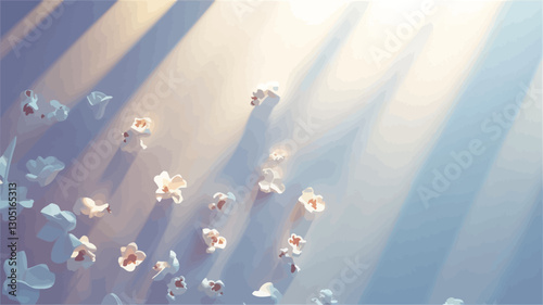 High-angle, close-up shot of numerous popcorn kernels scattered on a light-colored surface. The scene is brightly lit with strong sunlight creating distinct shadows. The overall color palette is