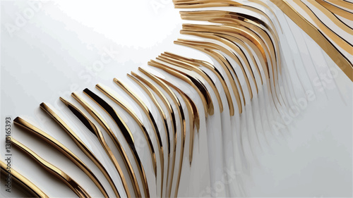 Close-up shot of an abstract composition featuring numerous thin, gold-colored lines arranged in a curved, radiating pattern against a bright white background.  The lines vary slightly in width and