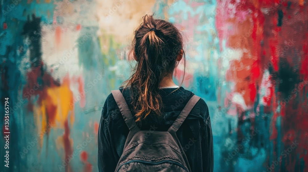 Young Woman Observing Colorful Abstract Art in Urban Setting Young Woman Observing Colorful Abstract Art in Urban Setting