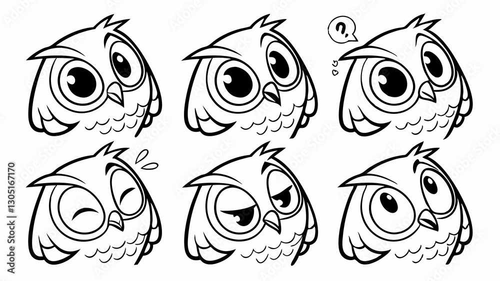 cartoon owls showcasing different emotions in black and white Background cartoon owls showcasing different emotions in black and white Background