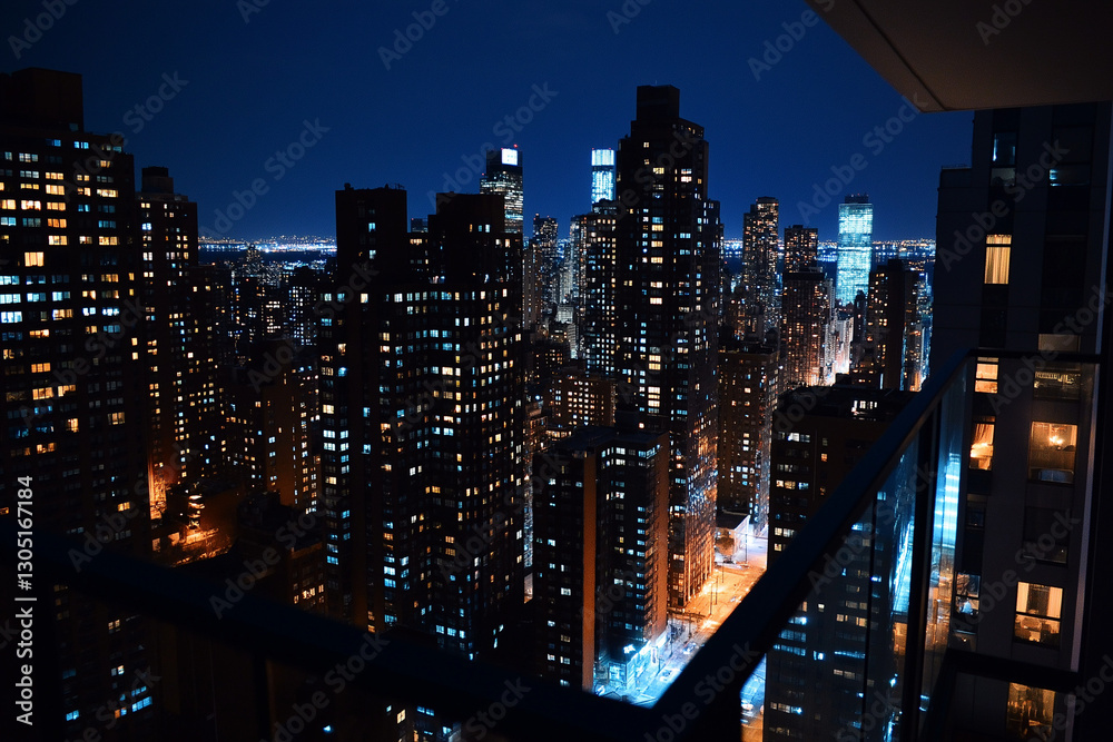 Obraz premium Night view of a city skyline from a skyscraper balcony.