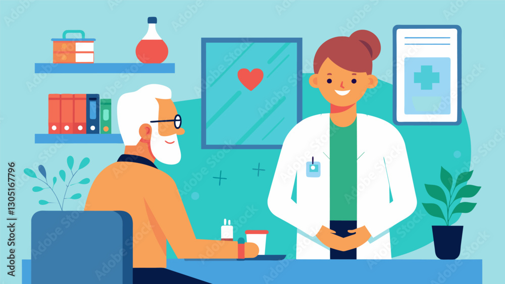In the tranquil setting of the doctors office the physician gently reminded the senior of the importance of maintaining a healthy lifestyle and making small positive changes to. Vector illustration In the tranquil setting of the doctors office the physician gently reminded the senior of the importance of maintaining a healthy lifestyle and making small positive changes to. Vector illustration
