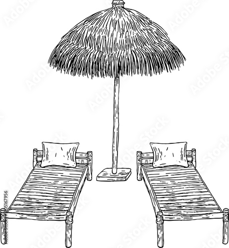 Hotel service. Hand drawn vector isolated sketch. Beach loungers and raffia umbrella 