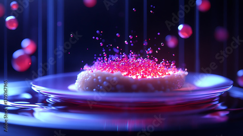 Fototapeta Naklejka Na Ścianę i Meble -  A realistic close-up animation of a futuristic plated dish with molecular gastronomy elements, glowing edible spheres, and levitating food particles enhanced by nanotechnology 