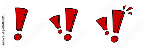 Three red exclamation marks in a playful comic style, perfect for adding emphasis and drawing attention to important text or messages.