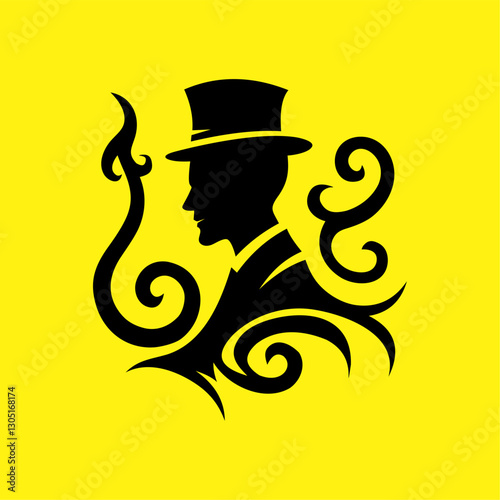 Elegant Gentleman Silhouette with Top Hat and Ornamental Swirls – Vintage Vector Illustration