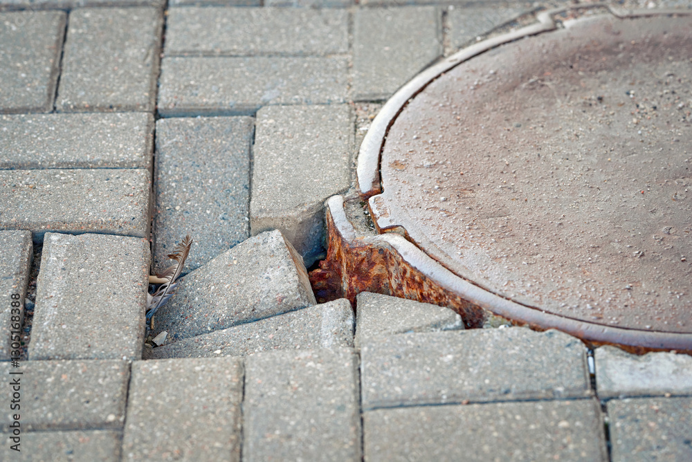 Dangerous hole in walkway with broken paving slabs and erosion around manhole, hazard for pedestrians. Damaged paving slabs with pit near manhole, erosion after heavy rains need for repair work