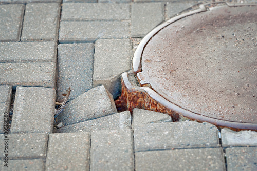 Obraz na płótnie Dangerous hole in walkway with broken paving slabs and erosion around manhole, hazard for pedestrians. Damaged paving slabs with pit near manhole, erosion after heavy rains need for repair work w salonie