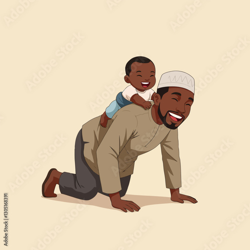 Father and Baby Playing Piggyback Ride Cartoon Illustration Smiling