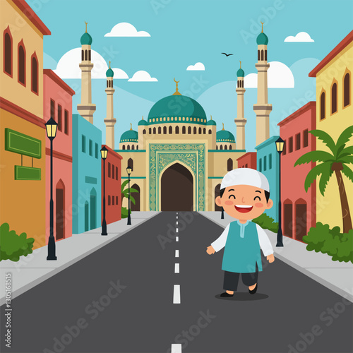 Boy Walking Towards Mosque in Middle Eastern Town Illustration