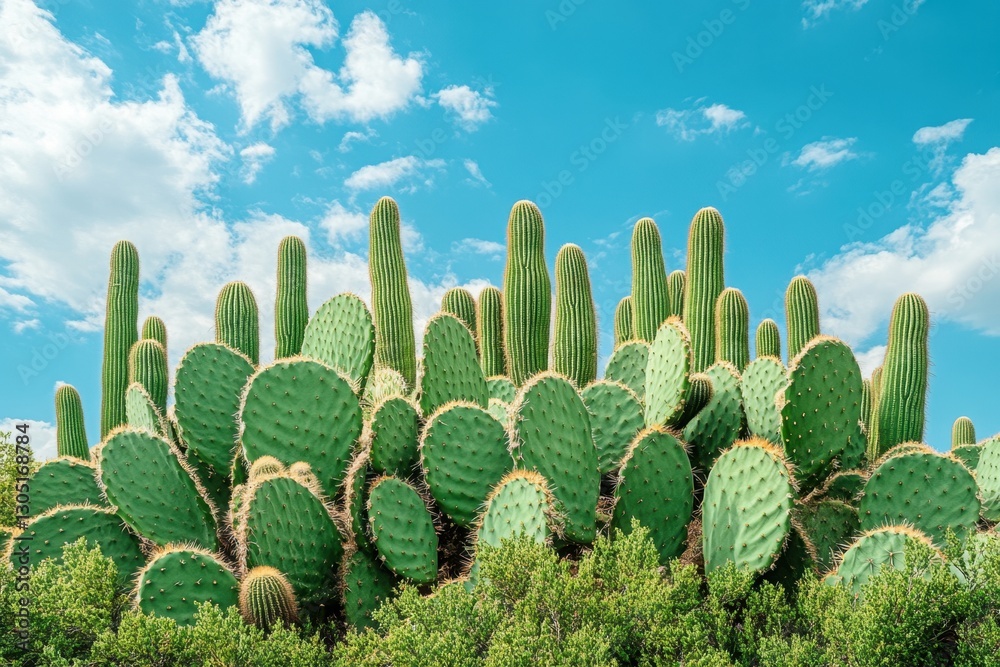 Cactus Garden Under Sky: An eye-level view showcases a vibrant grouping of cacti under a bright blue sky adorned with fluffy white clouds, creating a striking contrast of textures and colors. Cactus Garden Under Sky: An eye-level view showcases a vibrant grouping of cacti under a bright blue sky adorned with fluffy white clouds, creating a striking contrast of textures and colors.