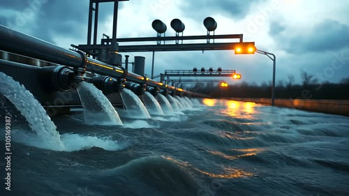 A dramatic rupture in a main industrial pipeline, releasing torrents of water that inundate a control station, with flashing warning lights overhead.