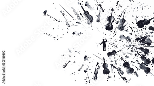 The image is a stylized graphic representation of musical instruments and notes.  It features silhouettes of various string instruments, primarily violins, cellos, and violas, arranged in a radial