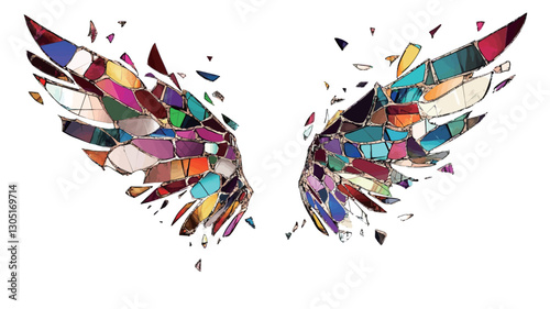 The image depicts a pair of stylized wings rendered in a shattered, mosaic style.  The wings are composed of numerous small, multicolored, geometric shapes creating a vibrant and fragmented effect.