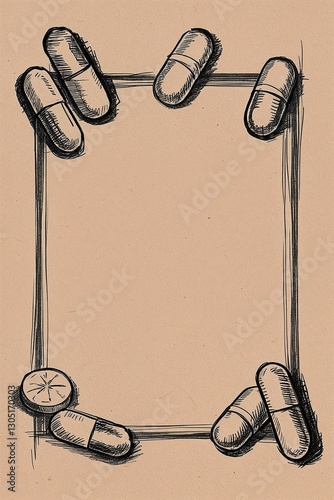 The Evolution of Medicine: An Illustrated Journey Through Pills, Capsules, and the Apothecary Traditions That Have Shaped Modern Healthcare, drawing of pills with frame for text