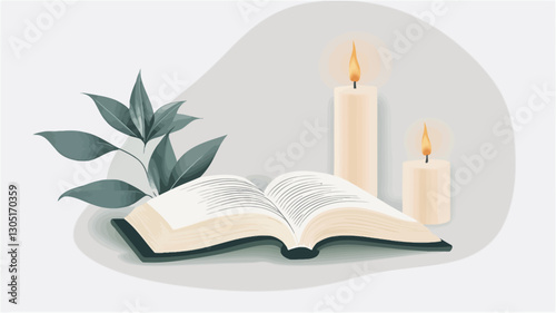 A digital illustration depicting an open book lying flat, two lit candles positioned to the right of the book, and a sprig of leaves to the left. The background is a soft grey gradient with an