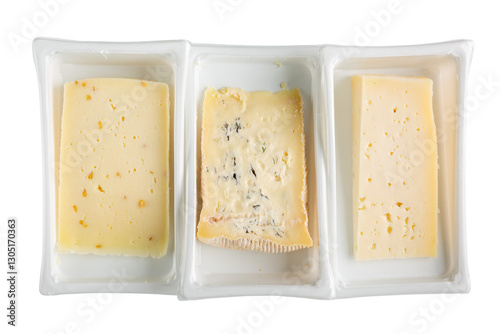 Fényképezés Italian cheeses - caciotta with fenugreek, blue cheese and asiago in plastic trays isolated on white