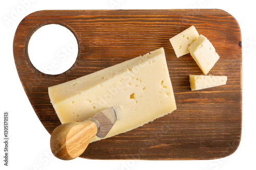 Cheese plate isolated on white background. Italian asiago cheese on wooden board. Top view.