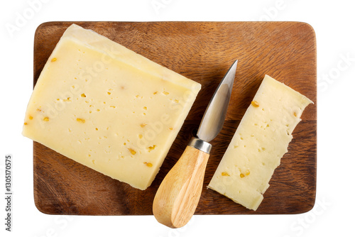 Cheese plate isolated on white background. Italian cheese caciotta with fenugreek on wooden board. Top view.