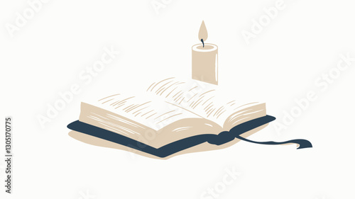 Digital illustration depicting an open book with cream-colored pages and a dark blue cover resting on a white surface. A single, lit white candle with a yellow flame stands upright beside the book.