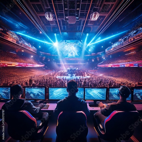 An esports tournament scene in a large arena, with teams of players focused on their screens and a massive audience cheering. Neon lights and digital graphics create an intense gaming atmosphere.