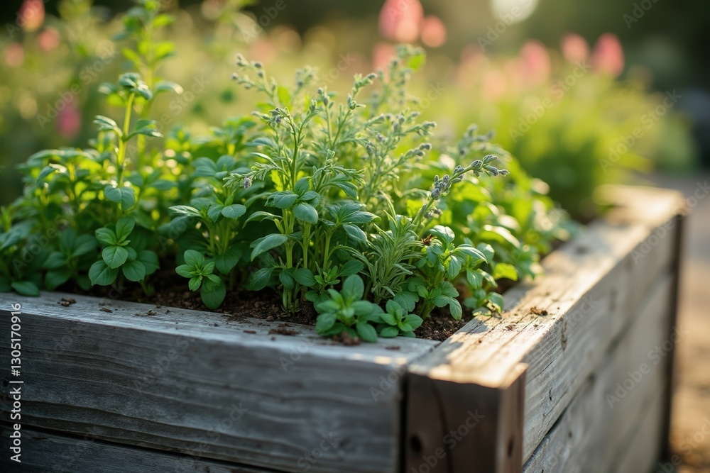 A Close up of a Wooden Planter Filled With Green Plants - Generative AI A Close up of a Wooden Planter Filled With Green Plants - Generative AI