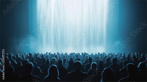 The image depicts a large crowd of people, rendered as dark silhouettes, gathered in a large, dark space. A powerful, bright beam of blue light descends from the top of the frame, illuminating the