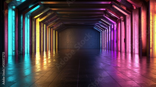 Brightly colored beams of light reflect off polished surfaces in a corridor. The combination of purple, blue, and yellow hues creates an enchanting atmosphere, inviting exploration