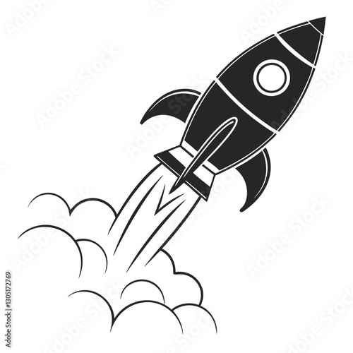 Black and white rocket taking off with smoke trail vector illustration. Isolated on a transparent background, this graphic depicts a spacecraft launching upwards, symbolizing startup, innovation