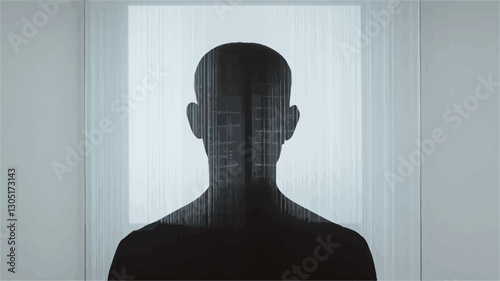 The image shows a monochrome, rear view silhouette of a bald person's head and shoulders. The figure is centered within a bright, rectangular area suggesting a window or light source.?The