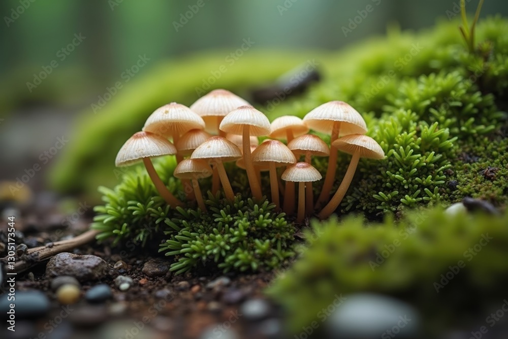 A Group of Small Mushrooms Sitting on Top of Green Moss - Generative AI A Group of Small Mushrooms Sitting on Top of Green Moss - Generative AI