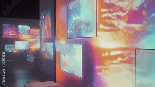 The image shows an indoor shot of a wall covered in numerous framed and unframed projected images. The projected images are abstract and feature vibrant, dynamic colors, including various shades of