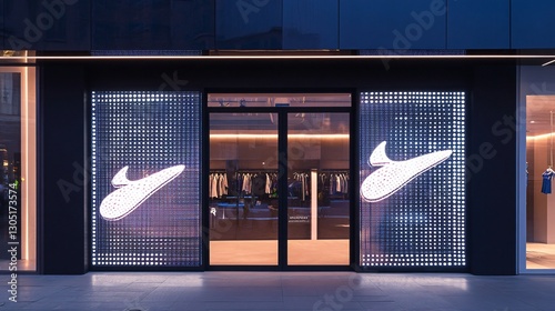 Modern Boutique Store Facade with Illuminated Brand Logo at Night