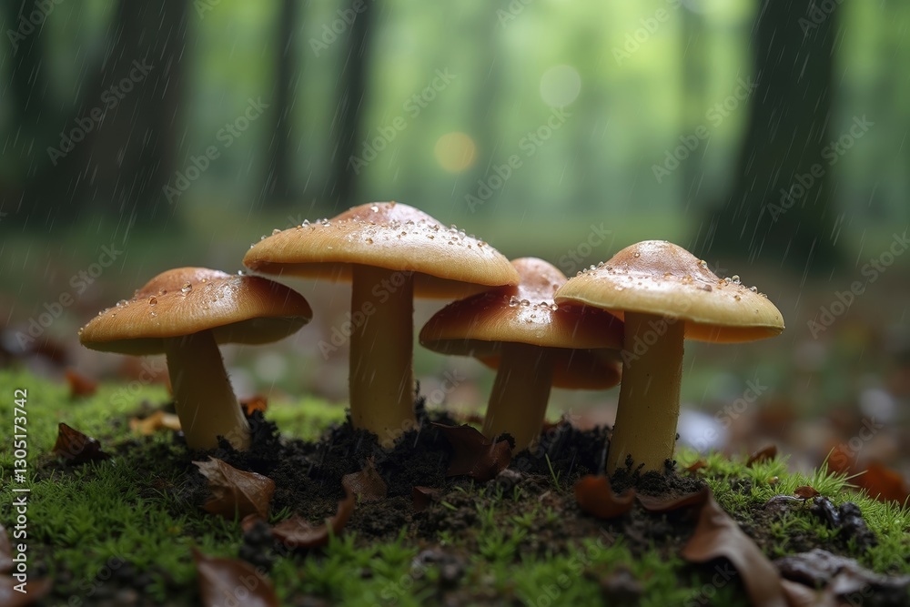 Fototapeta premium A Group of Mushrooms Are Sitting in the Grass in the Rain - Generative AI
