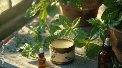 A vintage tin of peppermint salve displayed with fresh leaves and essential oils, styled in a traditional setup
