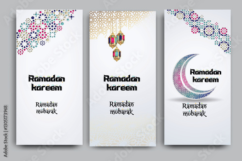 luxury and elegant roll up banner set template, Ramadan Kareem with calligraphy islamic, crescent moon, traditional lantern and mosque pattern texture islamic background