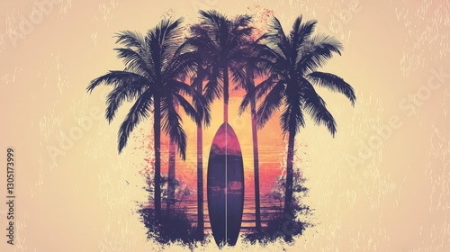 Tropical sunset scene featuring palm trees and a surfboard silhouette