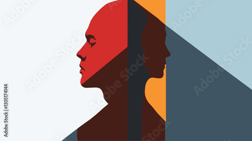 The image is a minimalist, abstract illustration featuring two profile views of a human head.  One profile is predominantly red, while the other is a darker, muted brown/red. They are separated by