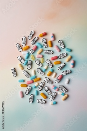 The Beauty of Science in Medicine: A Delicate Balance Between Pharmacy, Chemistry, and Art, Featuring Hand-Drawn Illustrations of Pills and Healing Solutions, doodle art, RX, pastel