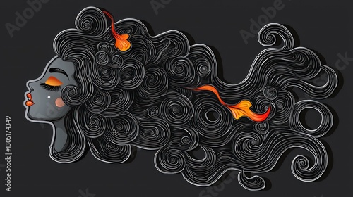 A stylized portrait of a woman with ornate dark flowing hair