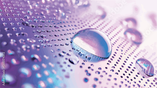Macro close-up shot of numerous small and a few large water droplets on an iridescent surface. The surface displays a pattern of small dimples or indentations. The droplets exhibit a reflective