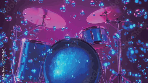 Close-up shot of a drum kit illuminated in blue and pink light.  Numerous small, glowing particles appear to be falling around the drums. The drums themselves have a metallic sheen, reflecting the