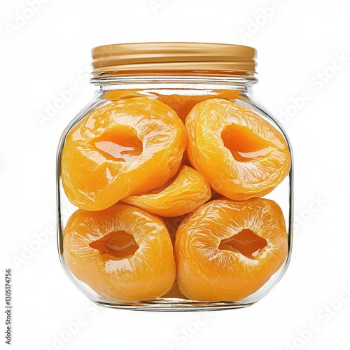Home-Cooked Organic Preserved Peaches in Glass Jar - Sweet and Natural Dessert Recipe for Seasonal Health. Isolated White background with clipping path 