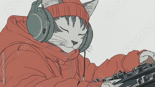 A cat is listening to music wearing headphones and a hoodie